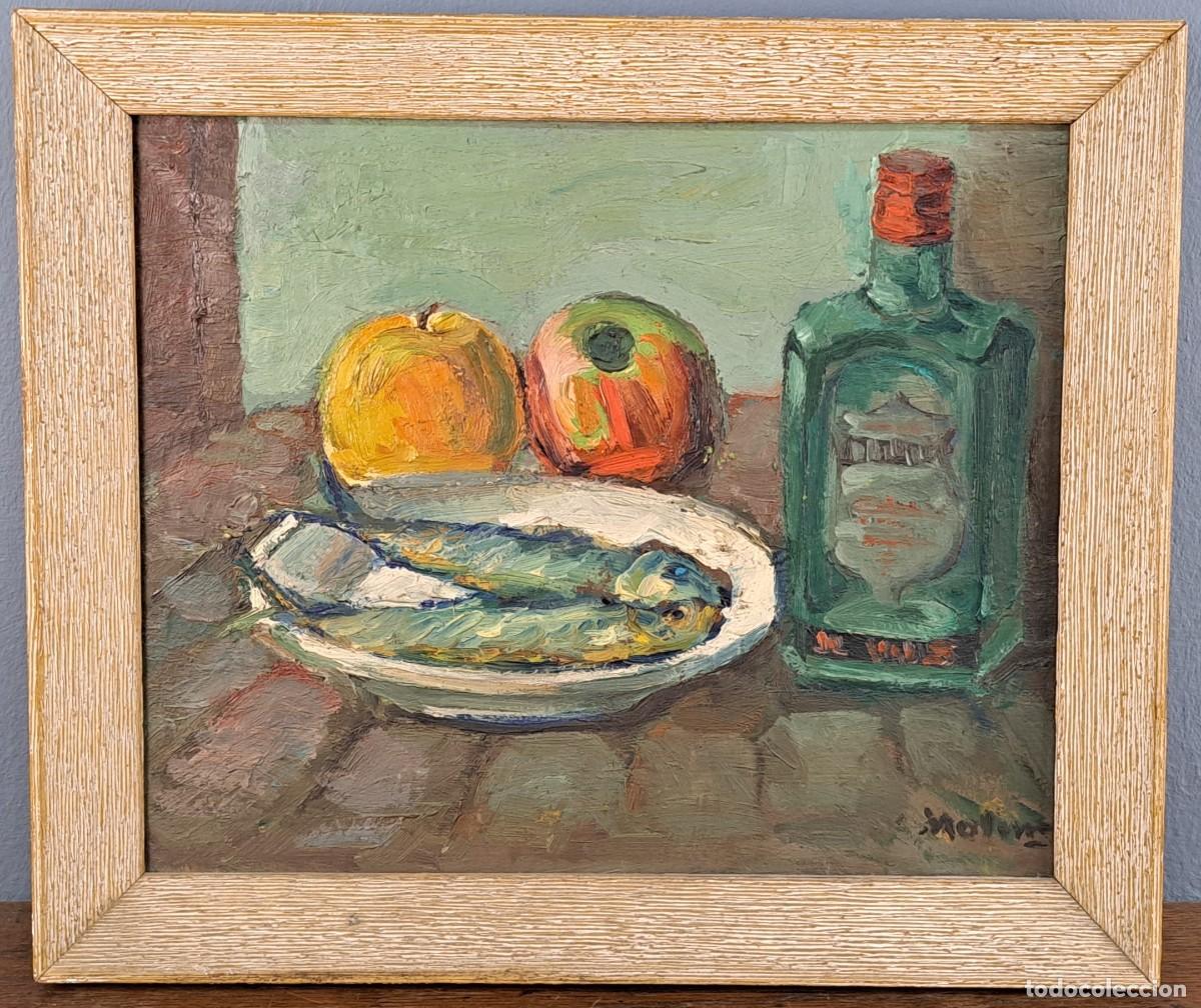 Arte: &Oacute;leo sobre lienzo firmado Molina. Bodeg&oacute;n con botella verde y frutas
