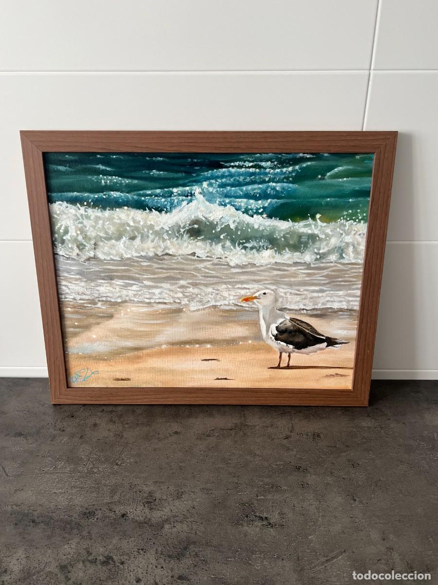 Arte: Cuadro pintado a mano &rdquo;Gaviota en la playa&rdquo;
