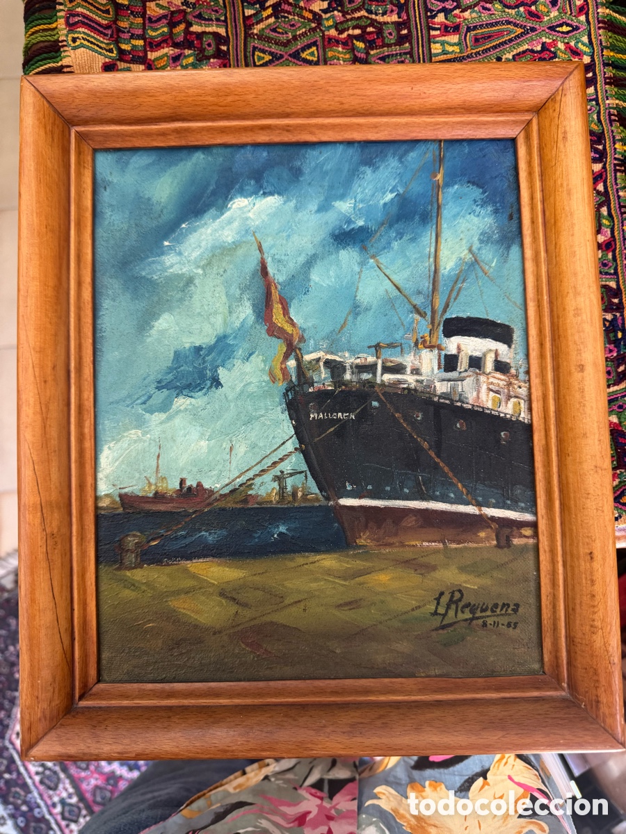Arte: Pintura &Oacute;leo sobre tabla del Vapor Mallorca a&ntilde;os 60