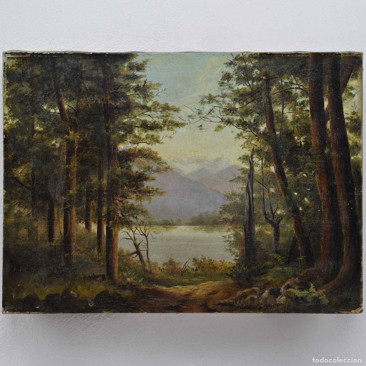 Arte: Late 19th Century British Romantic New Zealand Landscape Diamond Lake Oil Canvas