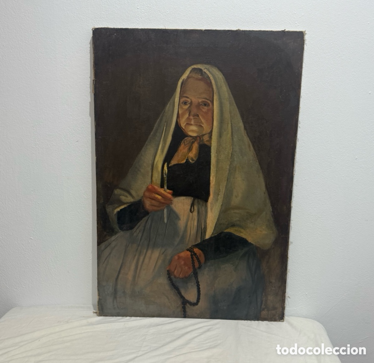 Arte: Escuela espa&ntilde;ola siglo XIX &ldquo;Rezando el rosario&rdquo; &oacute;leo sobre lienzo reentelado gran formato 95 x 65 cm