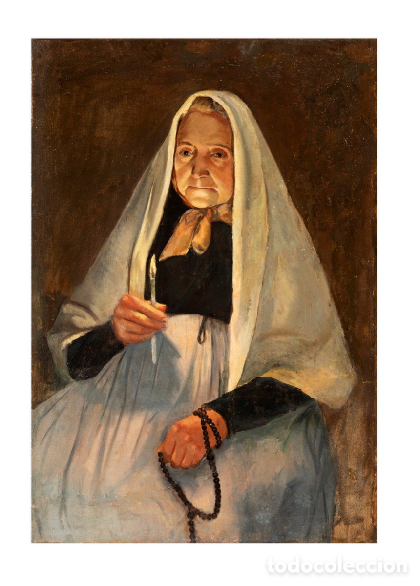 Arte: Escuela espa&ntilde;ola siglo XIX &ldquo;Rezando el rosario&rdquo; &oacute;leo sobre lienzo reentelado gran formato 95 x 65 cm
