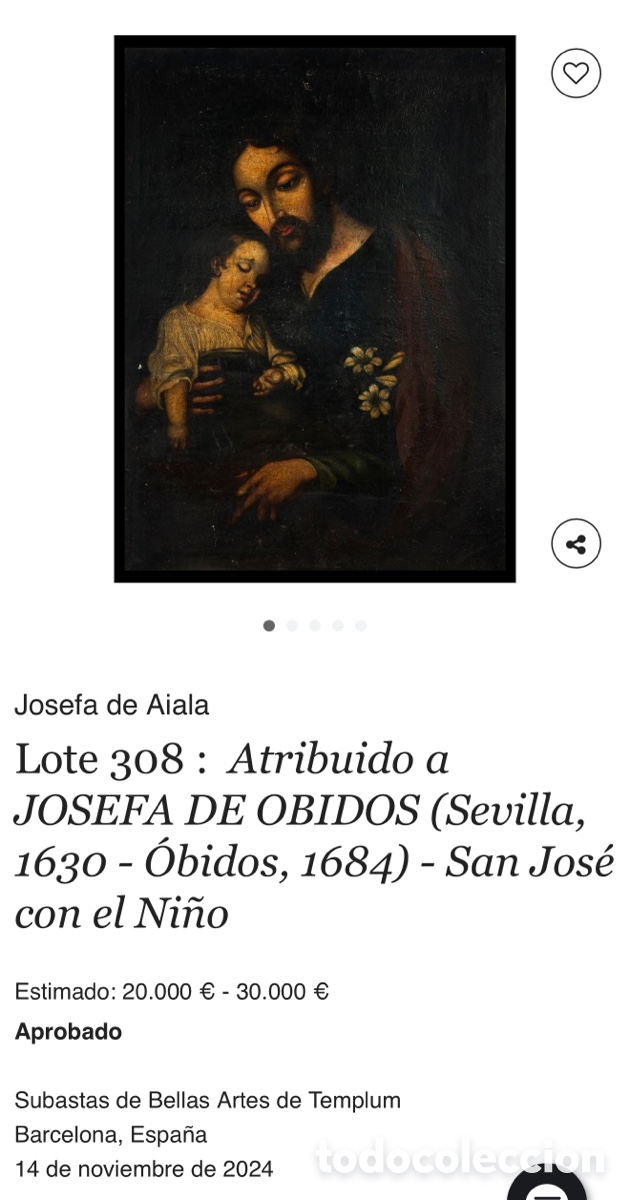 Arte: Atribuido a JOSEFA DE &Oacute;BIDOS (Sevilla, 1630 &ndash; &Oacute;bidos, 1684) &laquo;San Jos&eacute; con el Ni&ntilde;o&raquo; &Oacute;leo sobre lienzo
