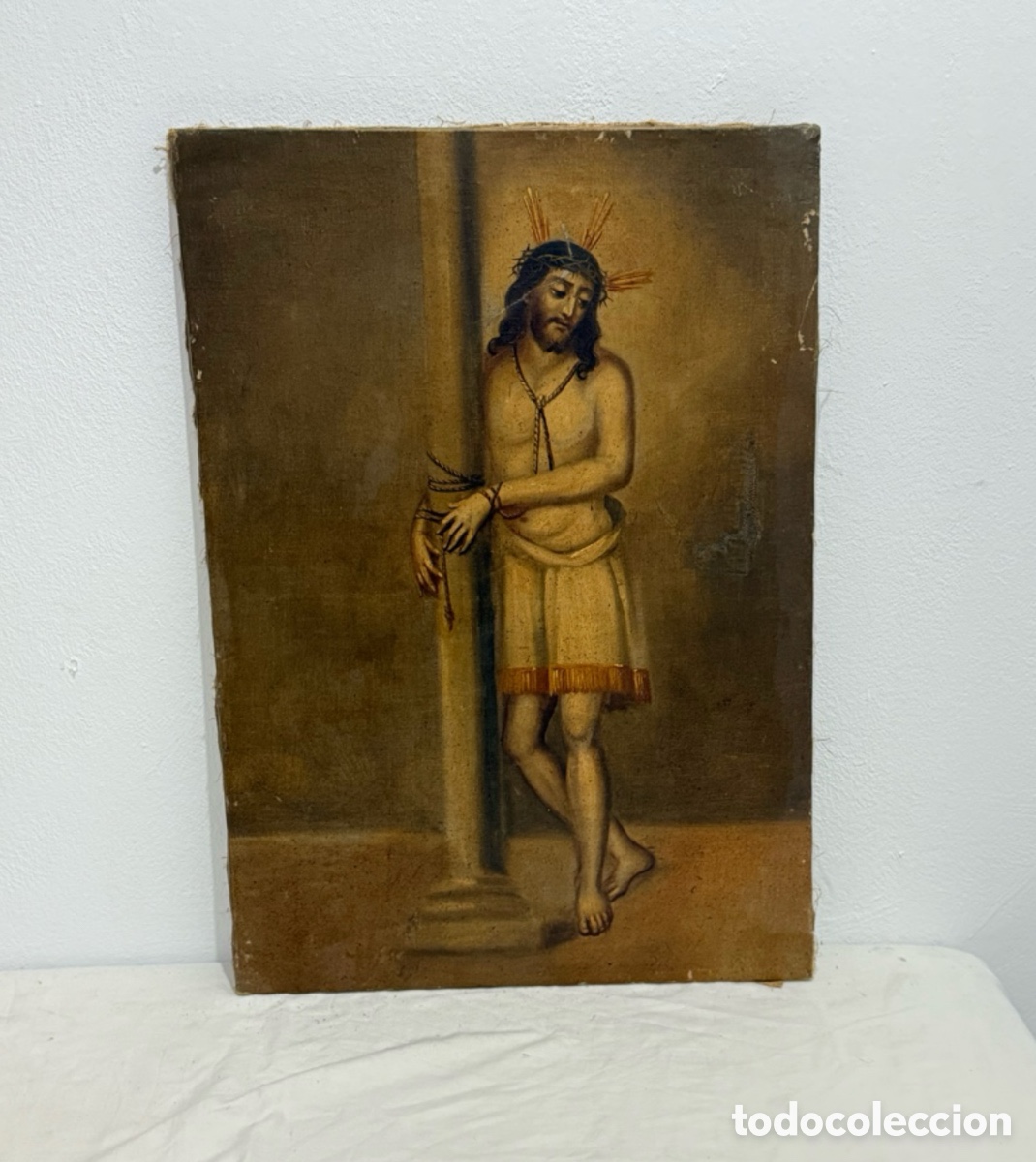 Art: Escuela Espa&ntilde;ola siglo XVIII-XIX Ecce Homo Cristo a la Columna &oacute;leo/lienzo obra religiosa a estudiar