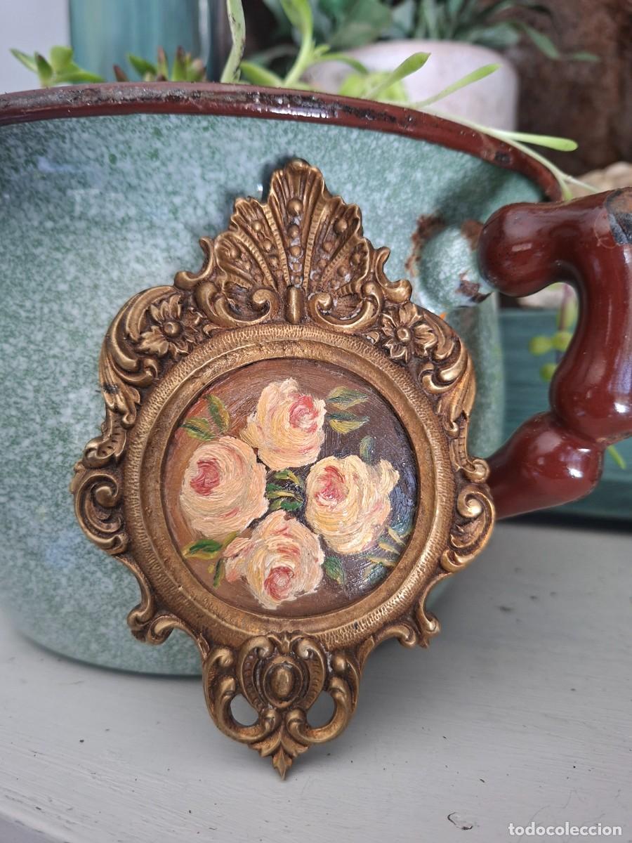 Arte: Cuadro Miniatura &oacute;leo floral vintage en marco bronce-Decoraci&oacute;n estilo franc&eacute;s rom&aacute;ntico shabby chic