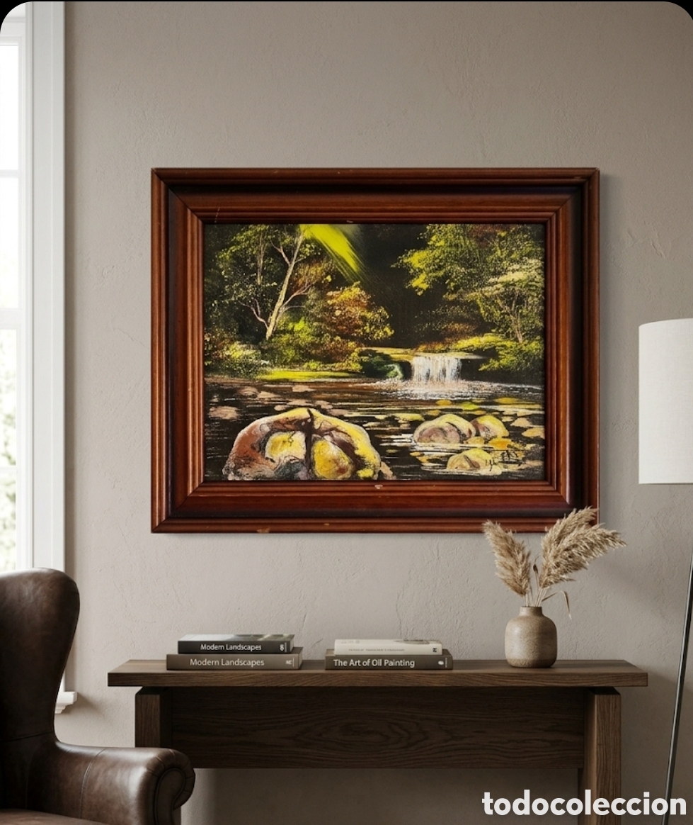 Arte: &Oacute;leo sobre lienzo original (1995) - Paisaje con Cascada y R&iacute;o