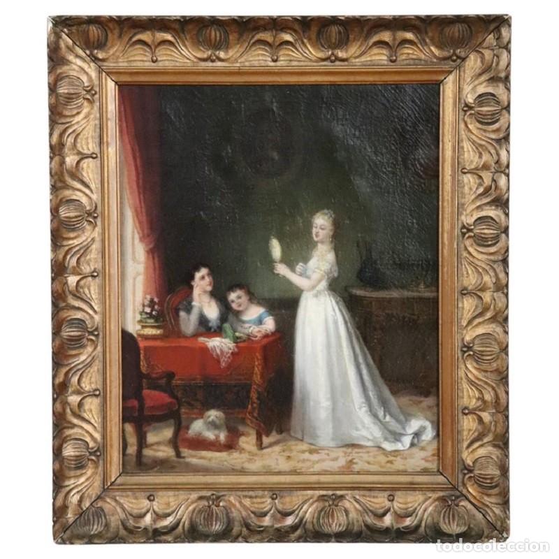 Arte: Escena entre muchachas, pintura al &oacute;leo sobre lienzo, Italia, siglo XIX
