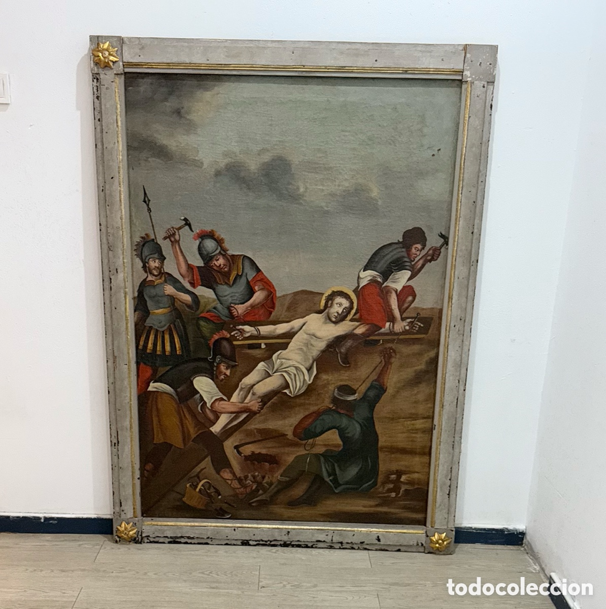 Art: Gran &oacute;leo religioso barroco siglo XVII XVIII Crucifixi&oacute;n de Cristo Escuela espa&ntilde;ola . Marco original