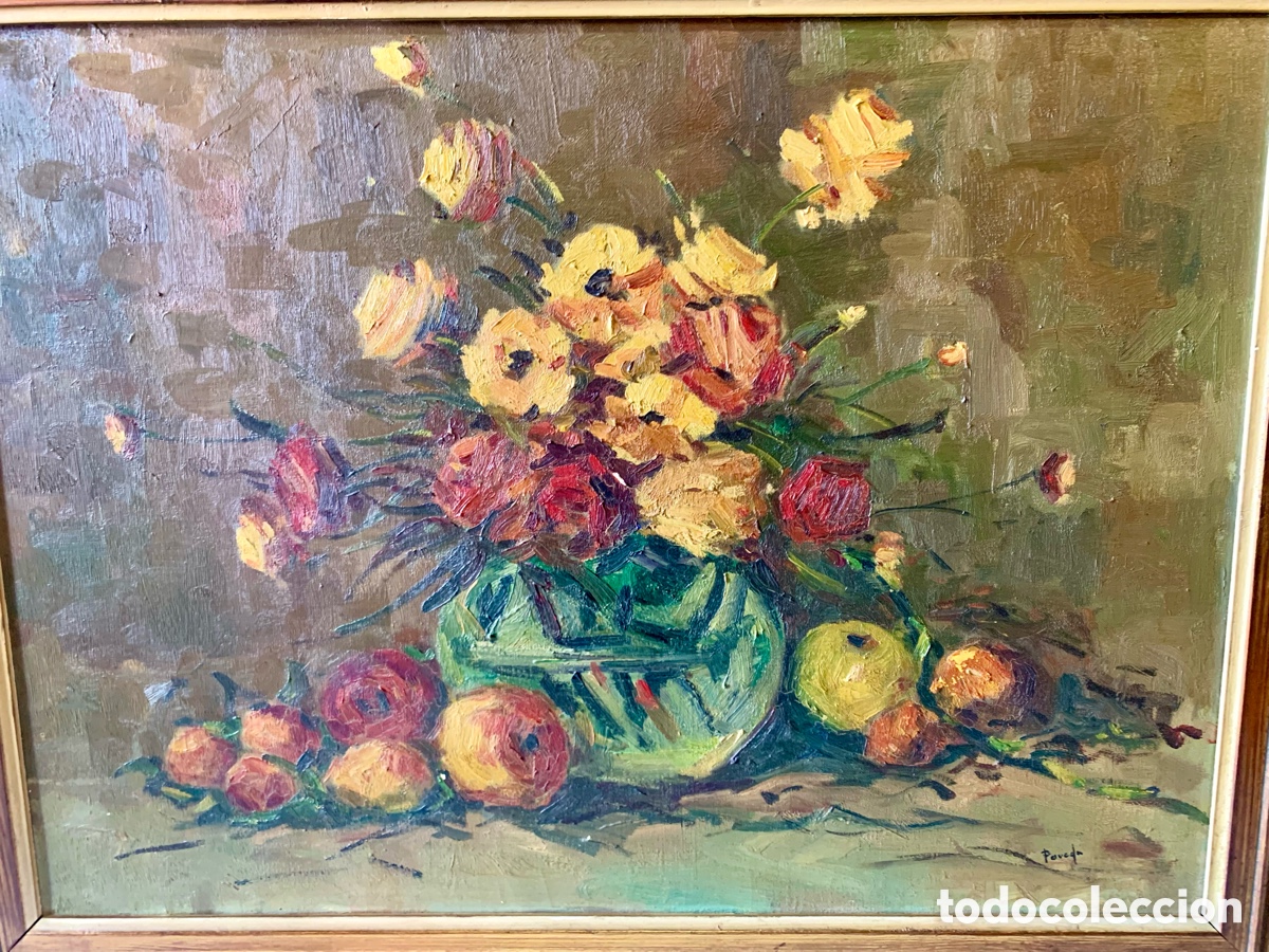 Arte: Ramon Poveda Ibars 1936, bodeg&oacute;n con flores y fruta, 71,5x52 obra y 88x68,5 con marco
