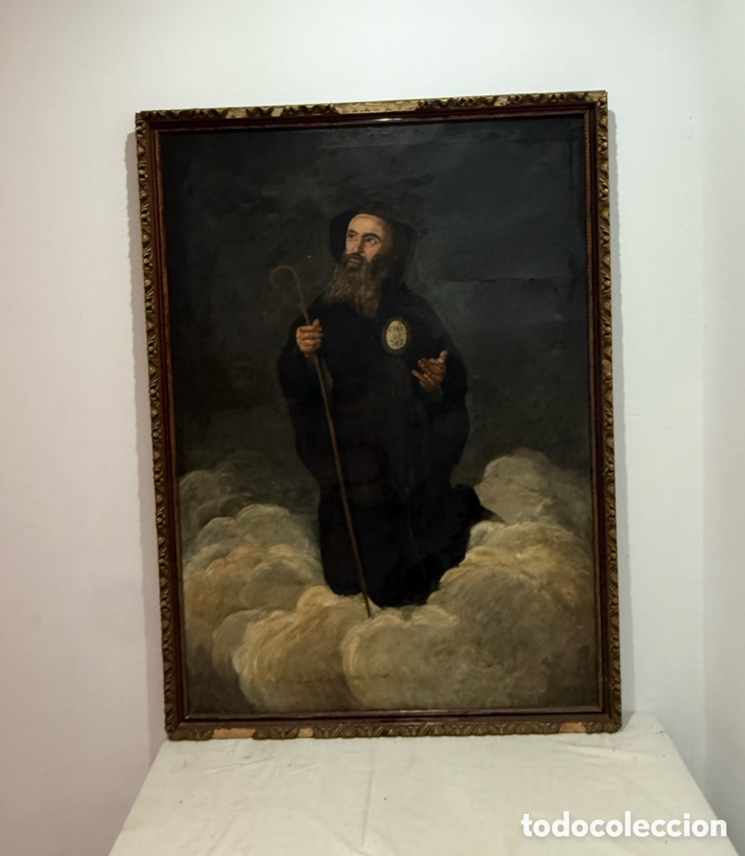 Arte: &Oacute;leo religioso antiguo San Francisco de Paula CHARITAS siglo XIX . 137X100cm).