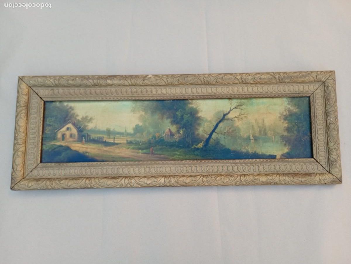 Arte: tabla tablilla al oleo paisaje panoramico enmarcado de epoca oleografia