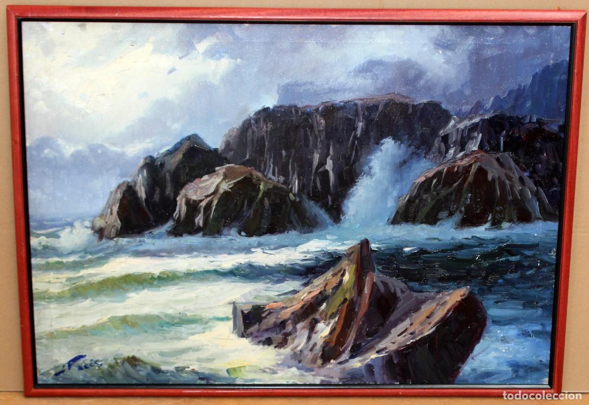 Arte: JOAN PAR&Eacute;S FERAZ (XX) OLEO SOBRE PANEL. MAREA SOBRE EL ACANTILADO. 65 X 92 CM.
