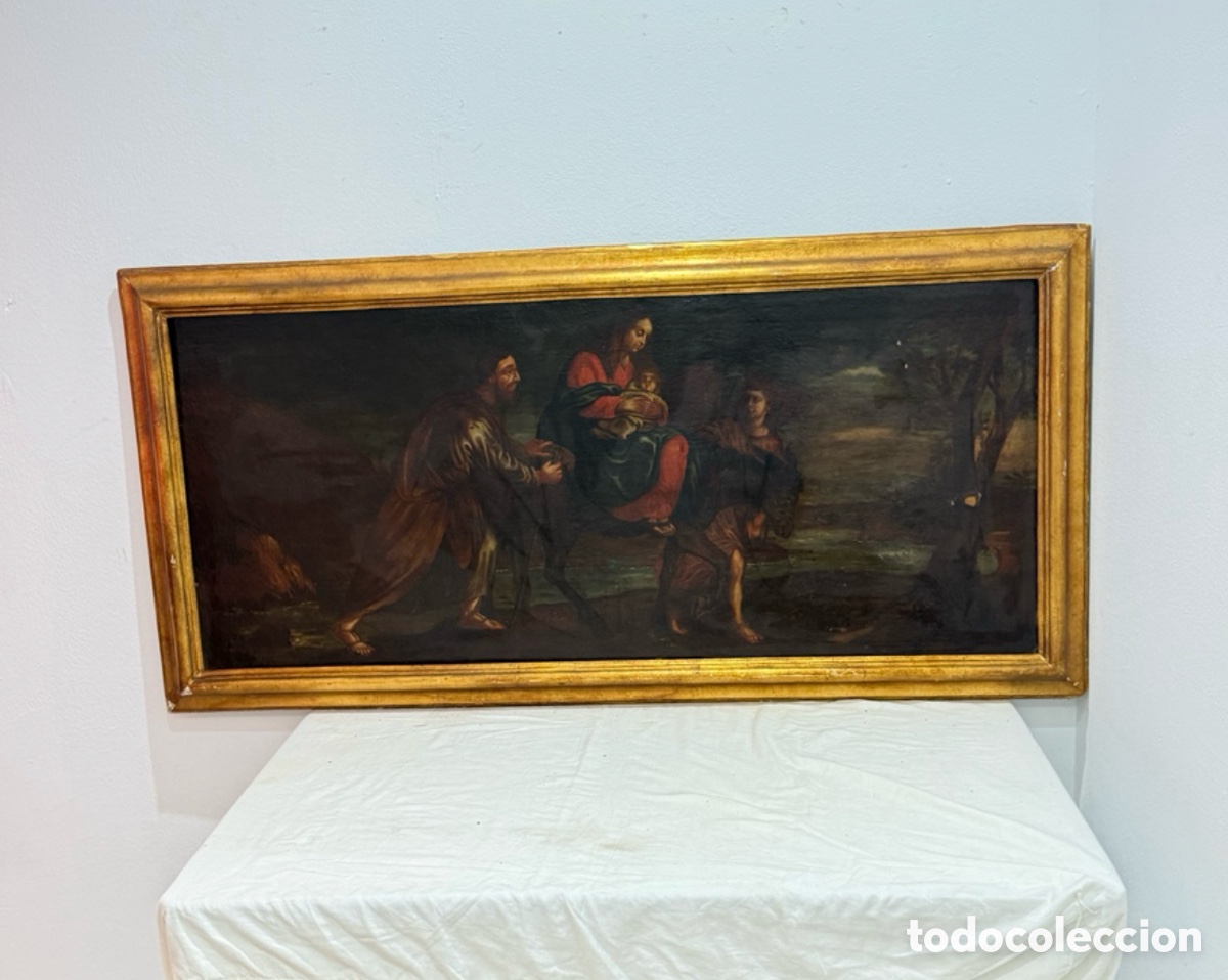 Arte: Importante &oacute;leo religioso barroco Huida a Egipto Escuela Espa&ntilde;ola siglo XVII gran formato (145X66cm)