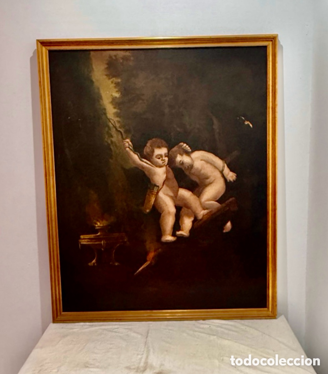 Arte: &Oacute;leo barroco aleg&oacute;rico Putti infantiles Escuela Espa&ntilde;ola siglo XVII-XVIII restaurado .
