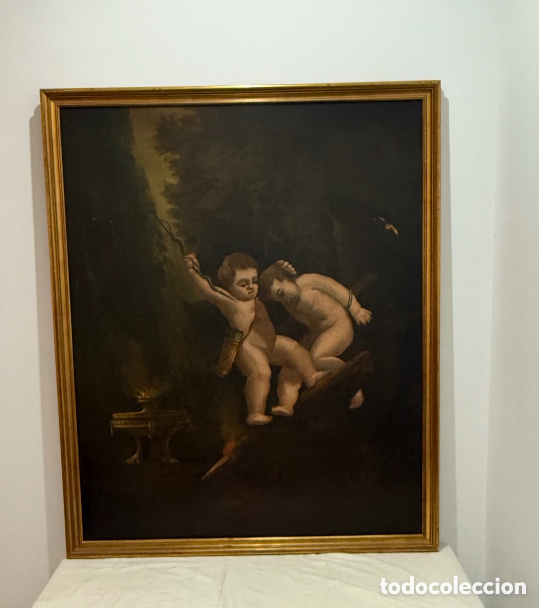 Arte: &Oacute;leo barroco aleg&oacute;rico Putti infantiles Escuela Espa&ntilde;ola siglo XVII-XVIII restaurado .