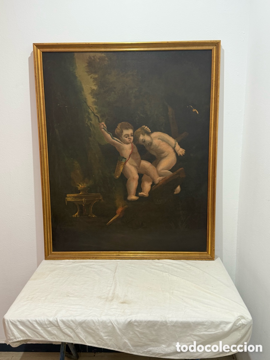 Arte: &Oacute;leo barroco aleg&oacute;rico Putti infantiles Escuela Espa&ntilde;ola siglo XVII-XVIII restaurado .