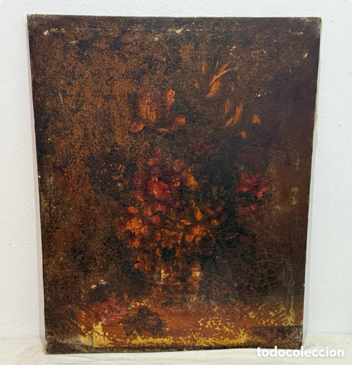 Art: Antiguo bodeg&oacute;n floral sobre lienzo escuela europea siglo XVIII-XIX restaurado y reentelado 82x65 cm