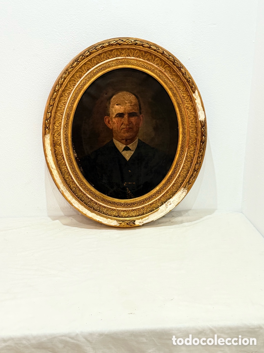 Arte: Antiguo retrato masculino &oacute;leo sobre lienzo ovalado siglo XIX para restaurar