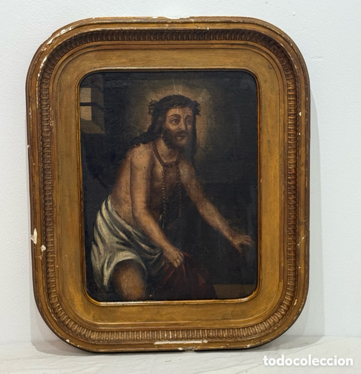 Arte: &Oacute;leo religioso Ecce Homo Cristo coronado de espinas siglo XVII/XVIII restaurado lienzo reentelado .