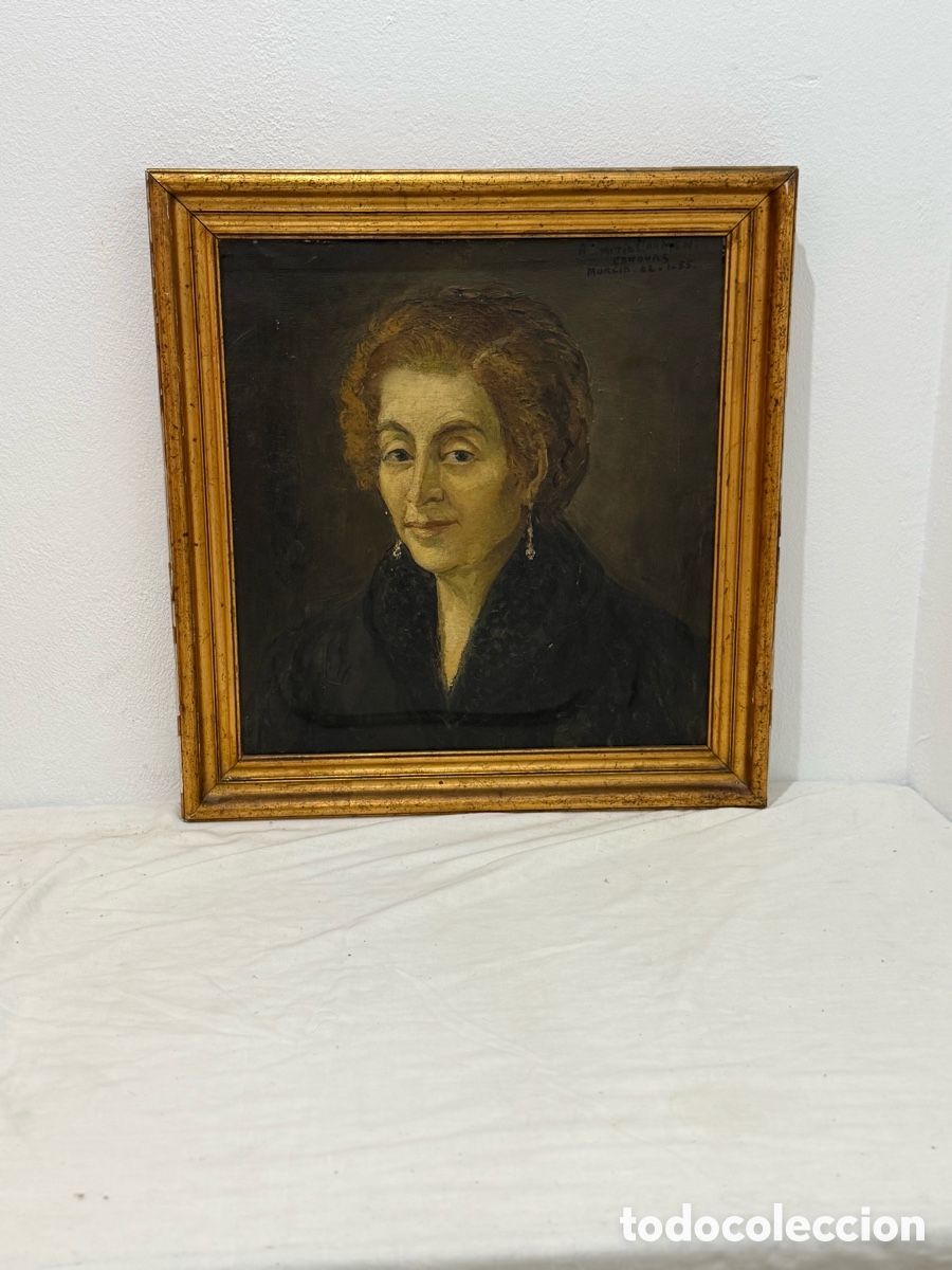 Kunst: &Oacute;leo sobre lienzo retrato femenino J. C&aacute;novas Murcia 1955 Retrato de mi t&iacute;a Carmen marco antiguo