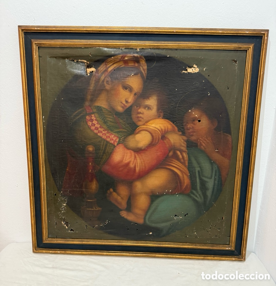 Arte: Virgen con Ni&ntilde;o y San Juanito siglo XIX &oacute;leo sobre lienzo marco original &eacute;poca para restaurar