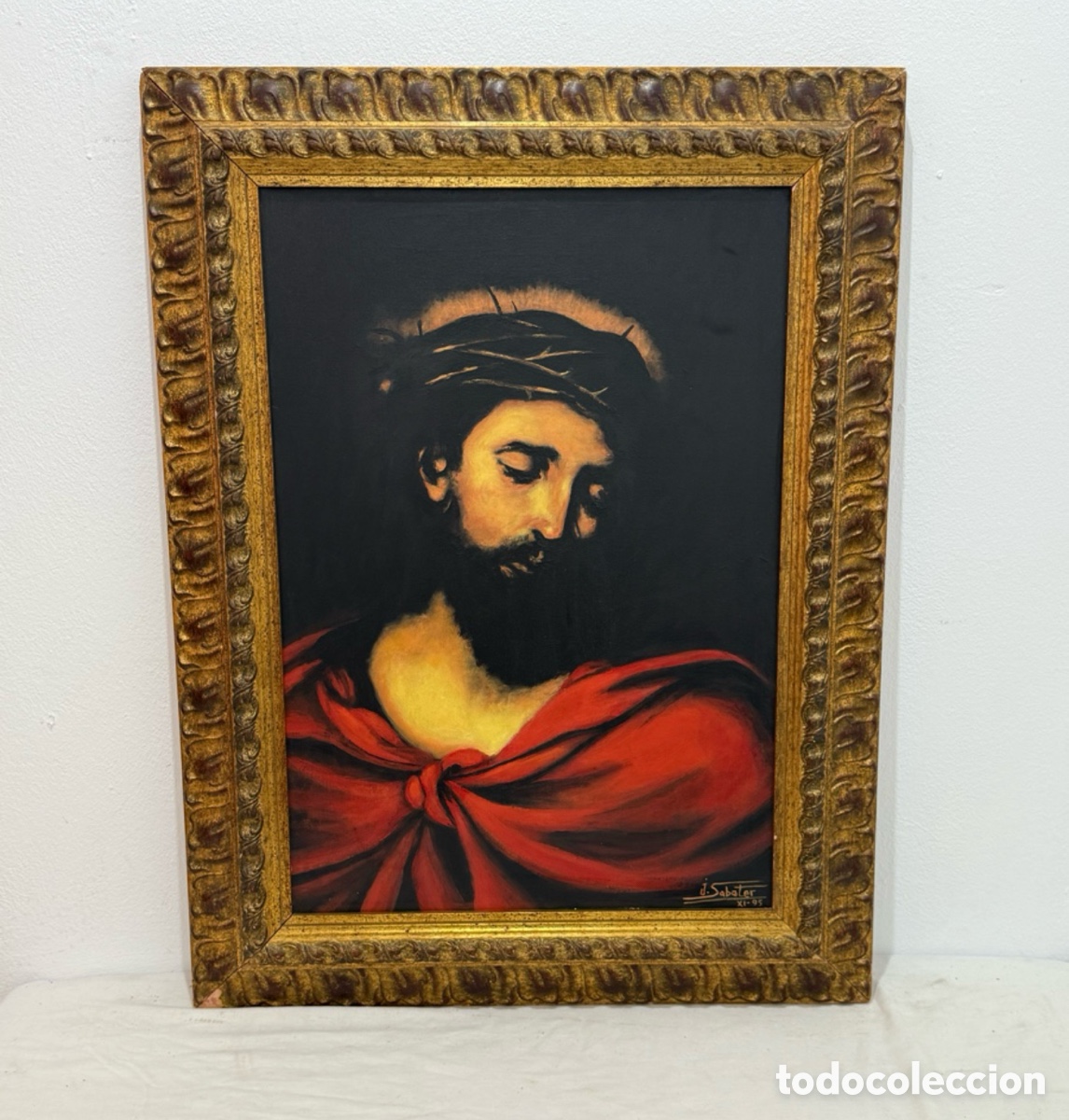 Art: &Oacute;leo sobre lienzo Cristo Ecce Homo firmado J. Sabater 1995 marco dorado 86x65 cm