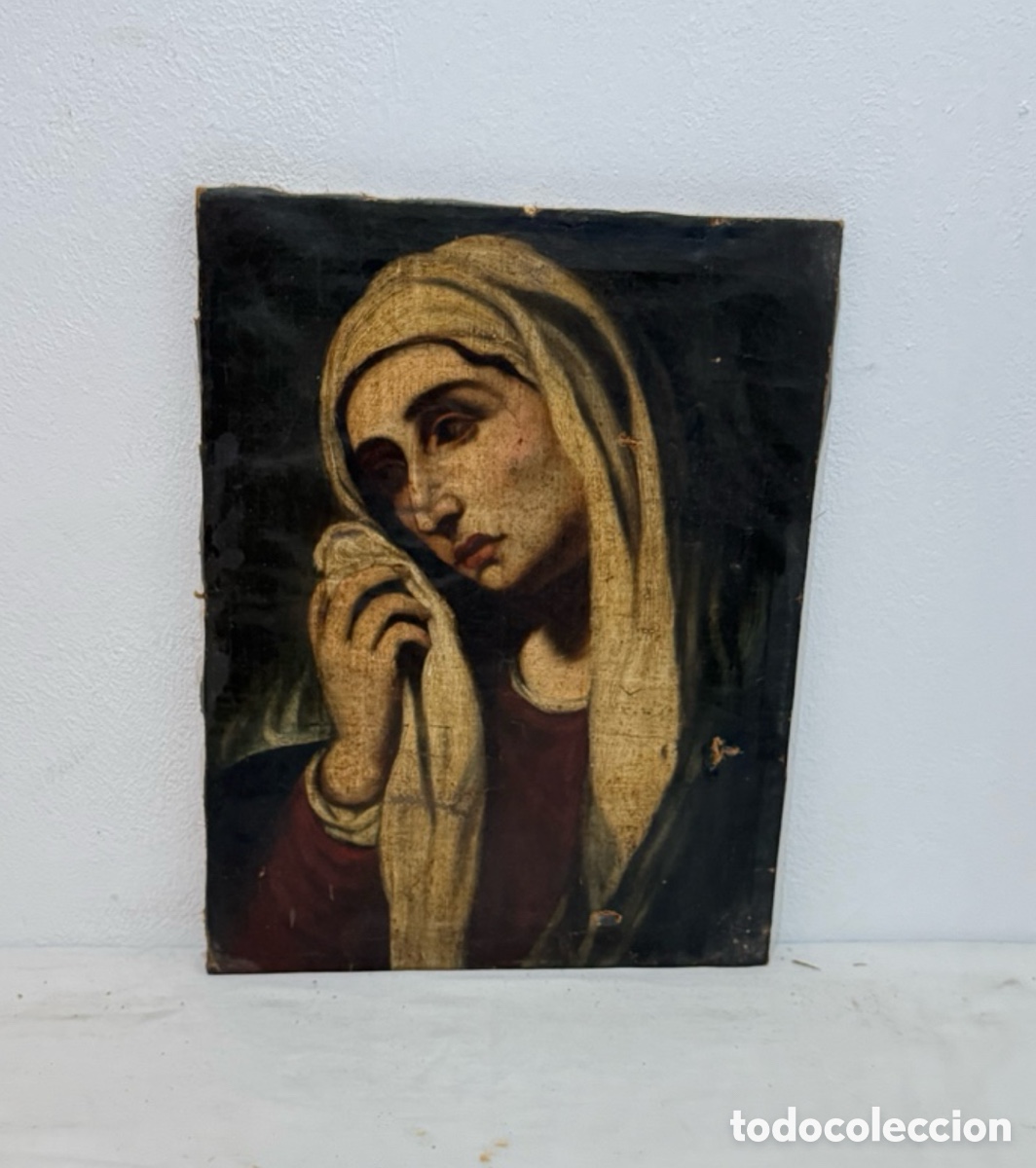 Arte: &Oacute;leo religioso Virgen Dolorosa escuela espa&ntilde;ola siglo XVII &oacute;leo sobre lienzo restaurado 50x38 cm