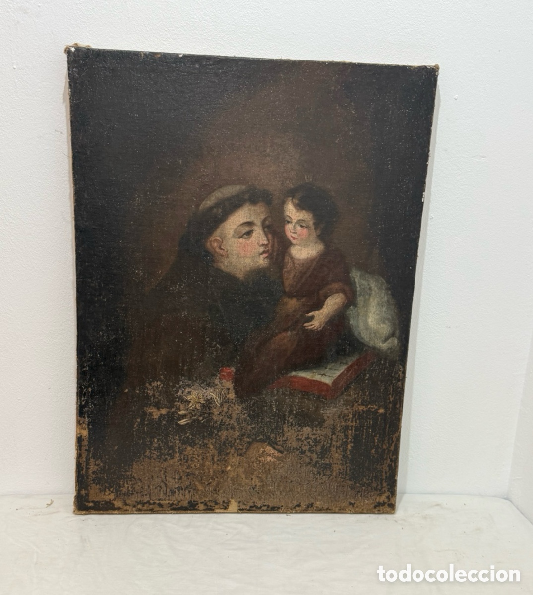 Arte: &Oacute;leo religioso antiguo San Antonio con Ni&ntilde;o Jes&uacute;s escuela espa&ntilde;ola siglo XVIII