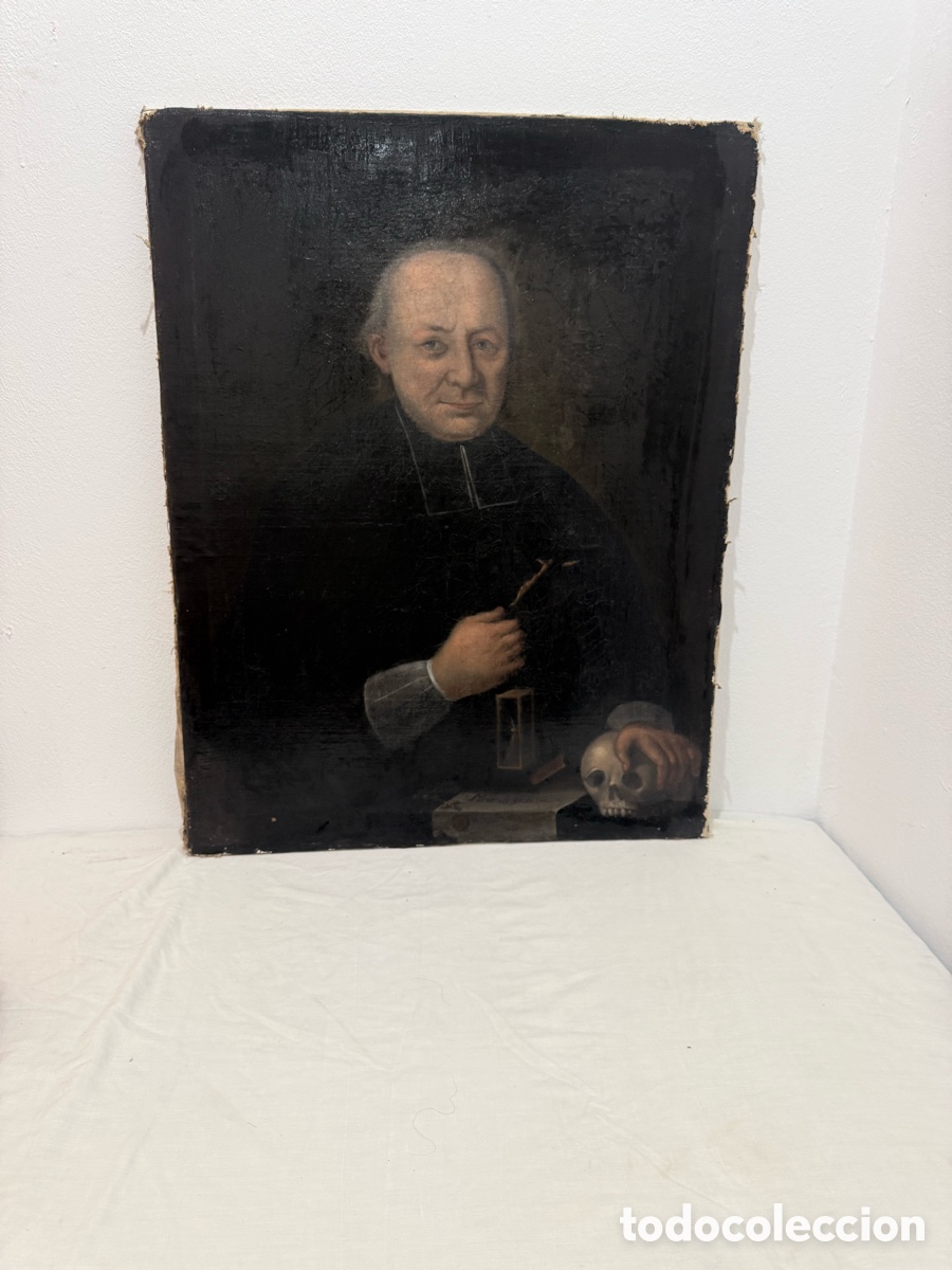 Arte: &Oacute;leo sobre lienzo religioso Memento Mori sacerdote barroco siglo XVII XVIII restaurado