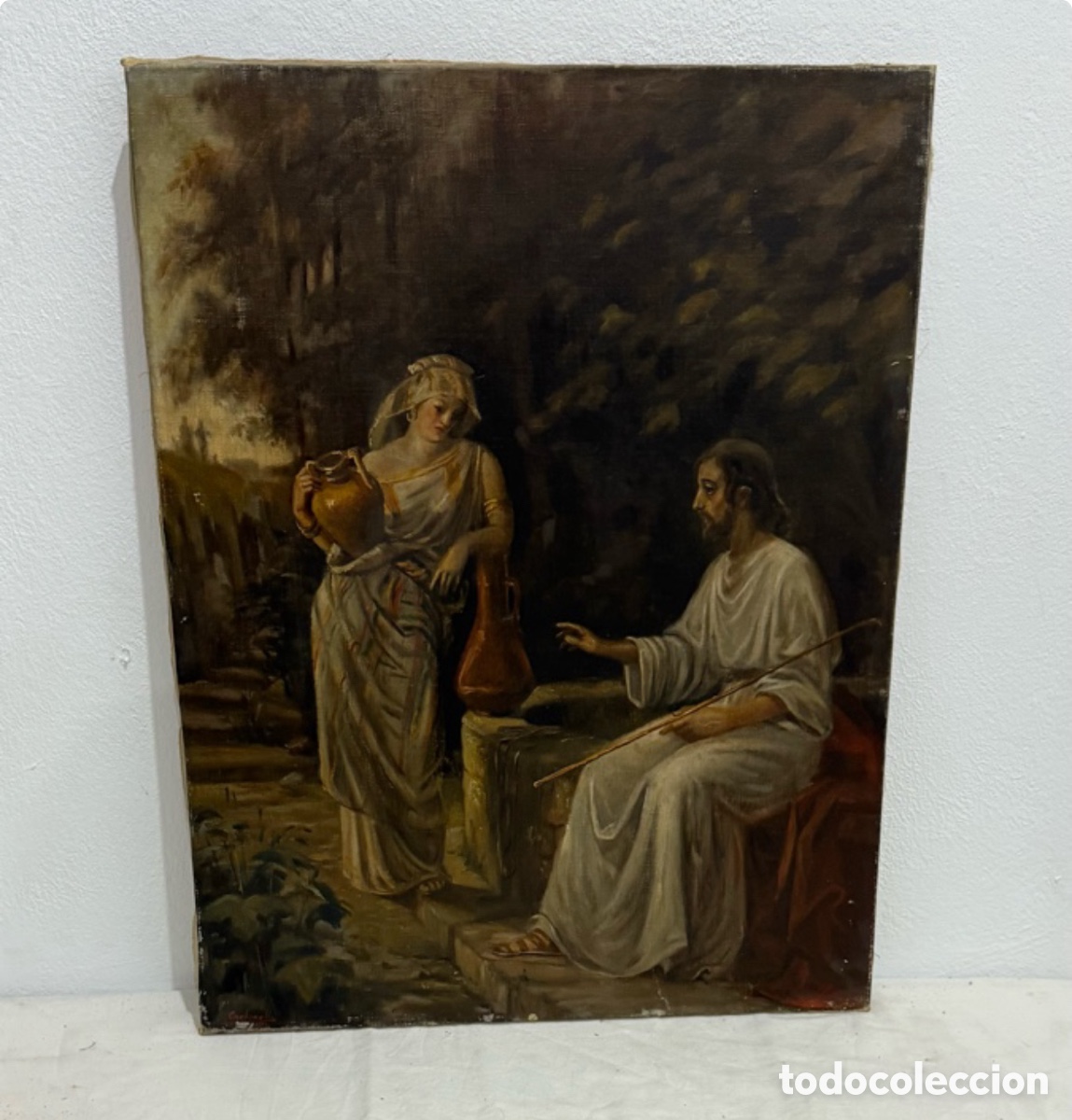 Arte: Antiguo &oacute;leo sobre lienzo religioso firmado Carbonell Cristo y la Samaritana