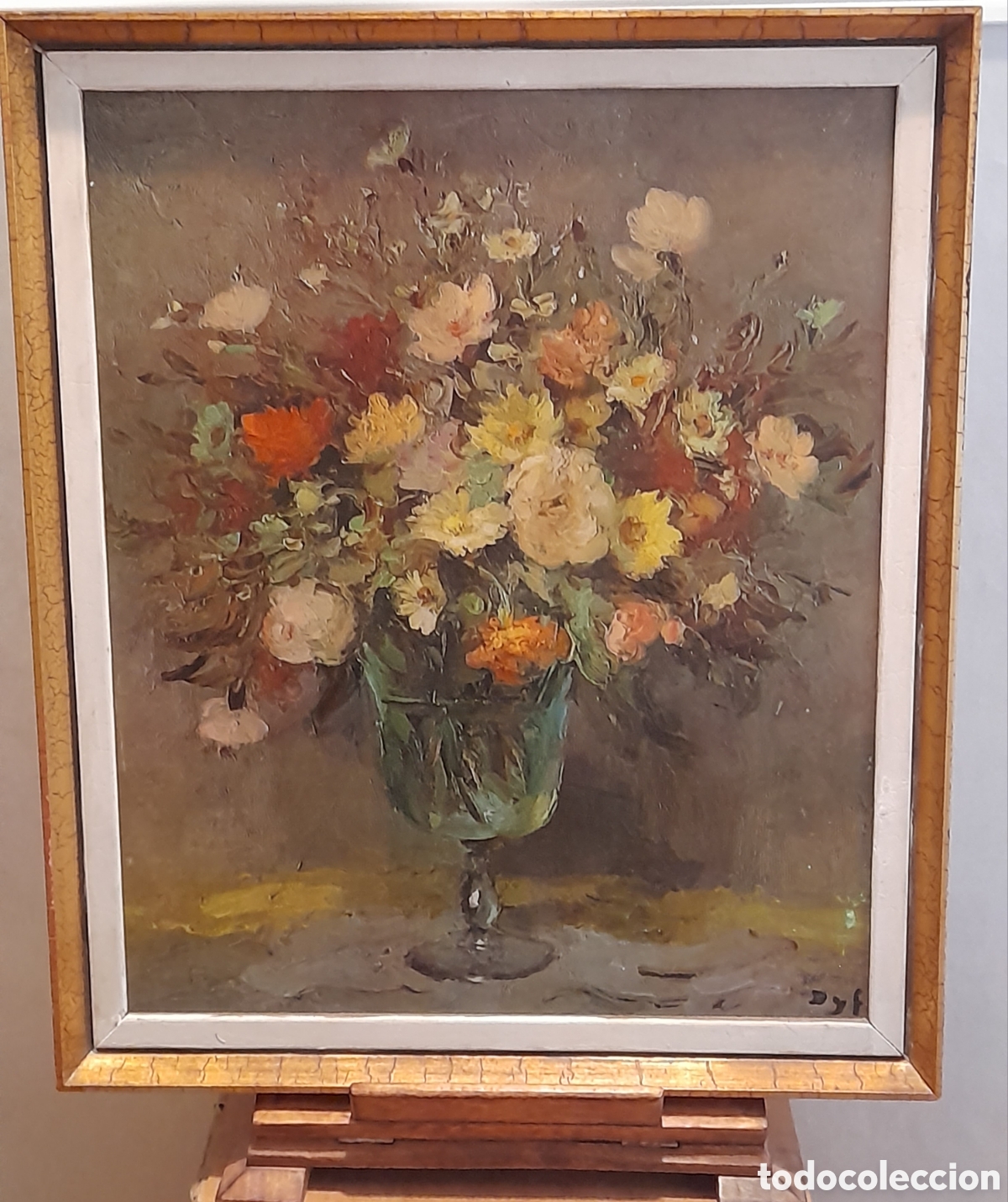 Arte: Antiguo cuadro bodeg&oacute;n, impresi&oacute;n texturizado sobre tabla, firma DyF