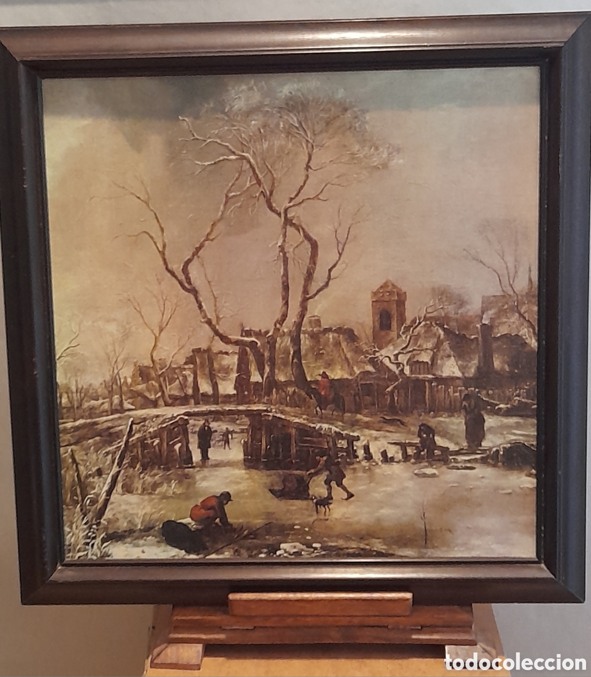 Arte: Antiguo cuadro paisaje invernal, impresi&oacute;n texturizado sobre tabla