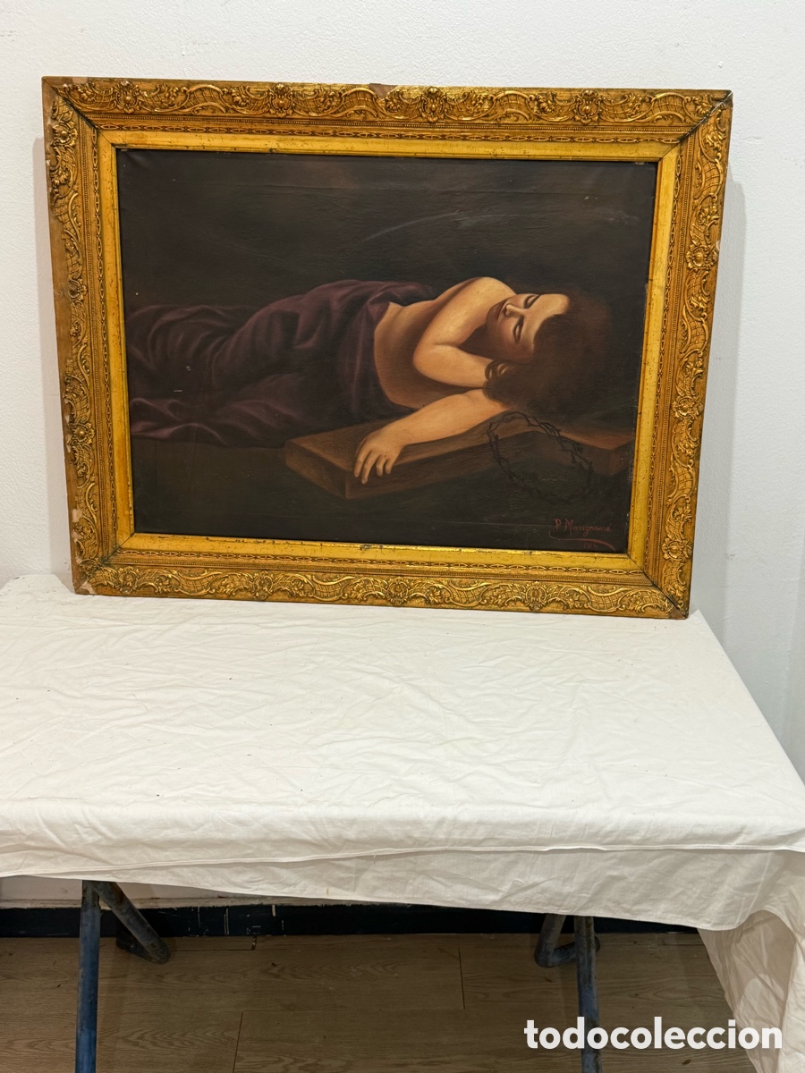 Arte: Mangran&eacute; 1914 &ndash; Ni&ntilde;o Jes&uacute;s dormido sobre la Cruz &ndash; &Oacute;leo sobre lienzo &ndash; Marco original de &eacute;poca