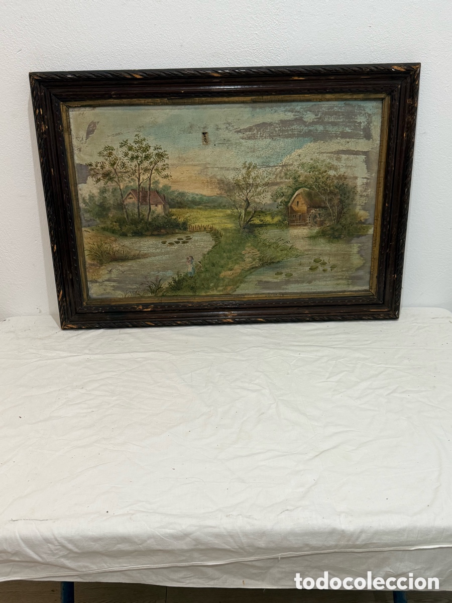 Arte: &Oacute;leo antiguo paisaje rural con molino y figuras escena campestre siglo XIX lienzo y marco original