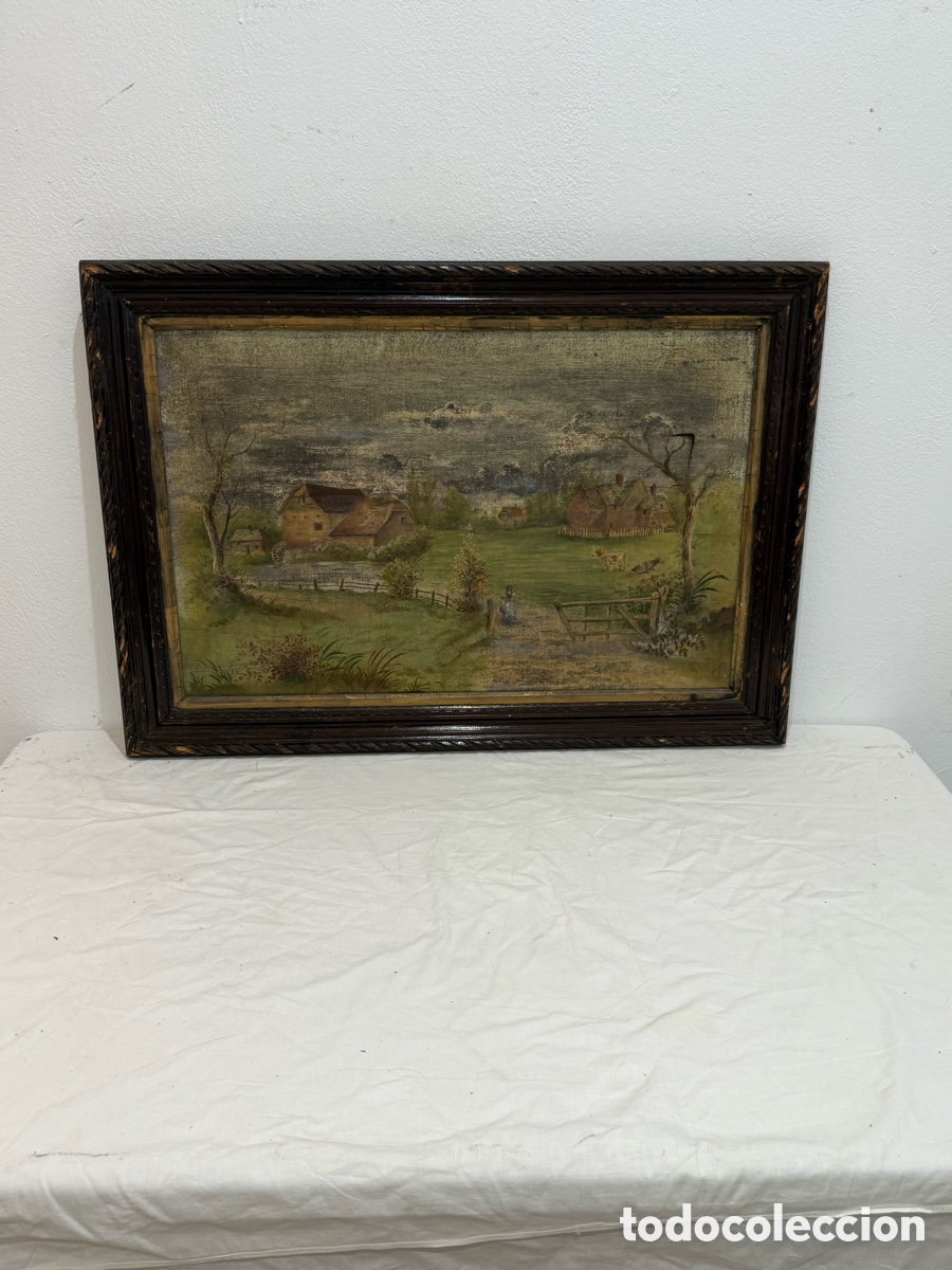 Arte: &Oacute;leo antiguo paisaje rural campestre con granja y molino siglo XIX lienzo y marco original de &eacute;poca