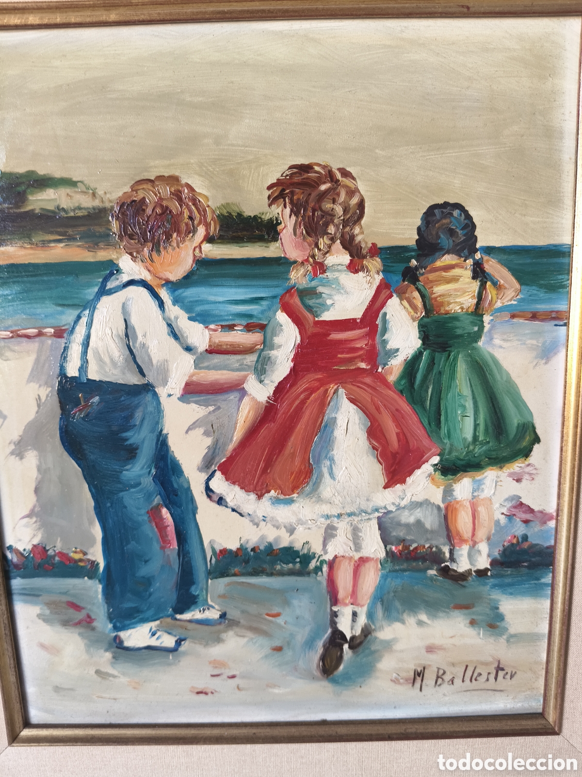 Kunst: Antiguo oleo ni&ntilde;os frente al mar posiblemente Mariano Ballester