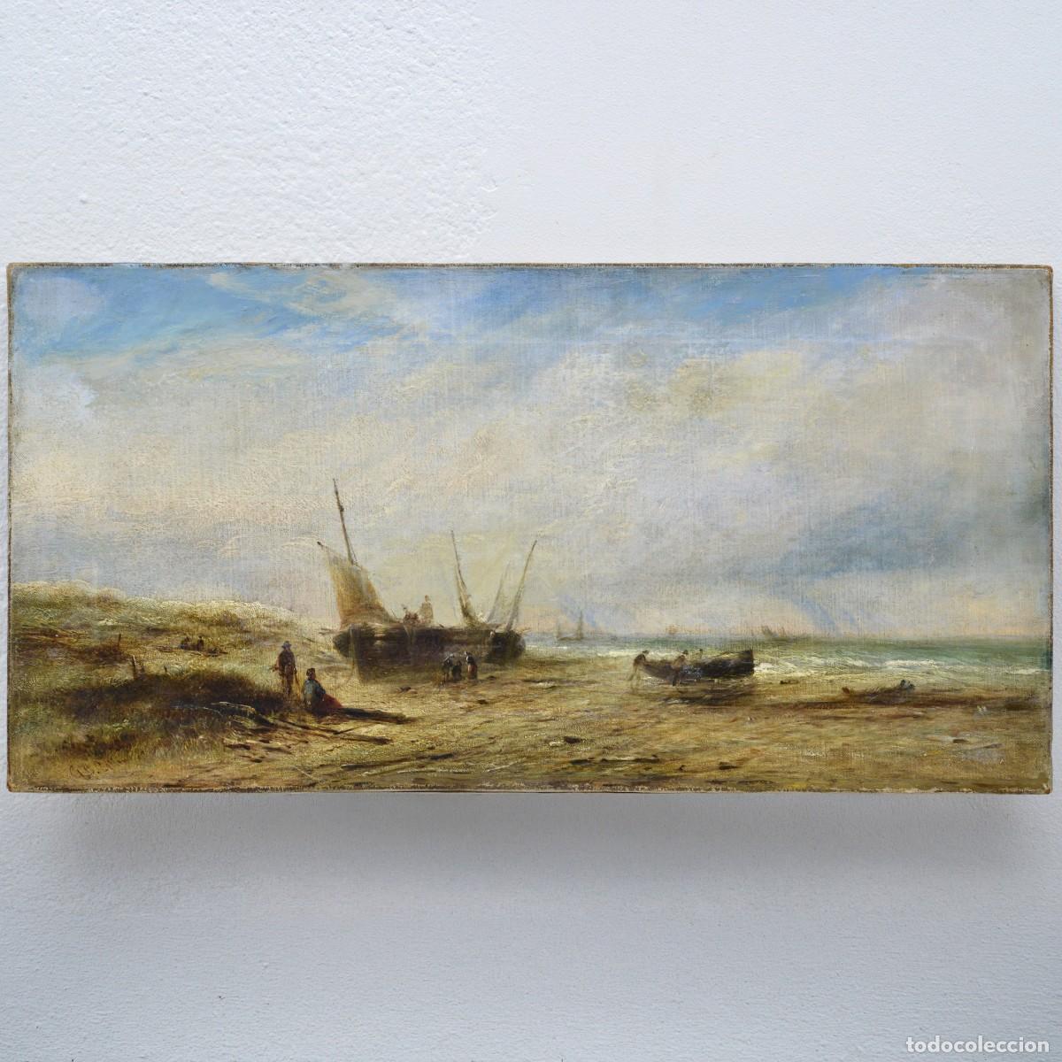 Arte: Mid 19th Century British Romantic Coastal Scene Fishermen Oil Canvas Signed