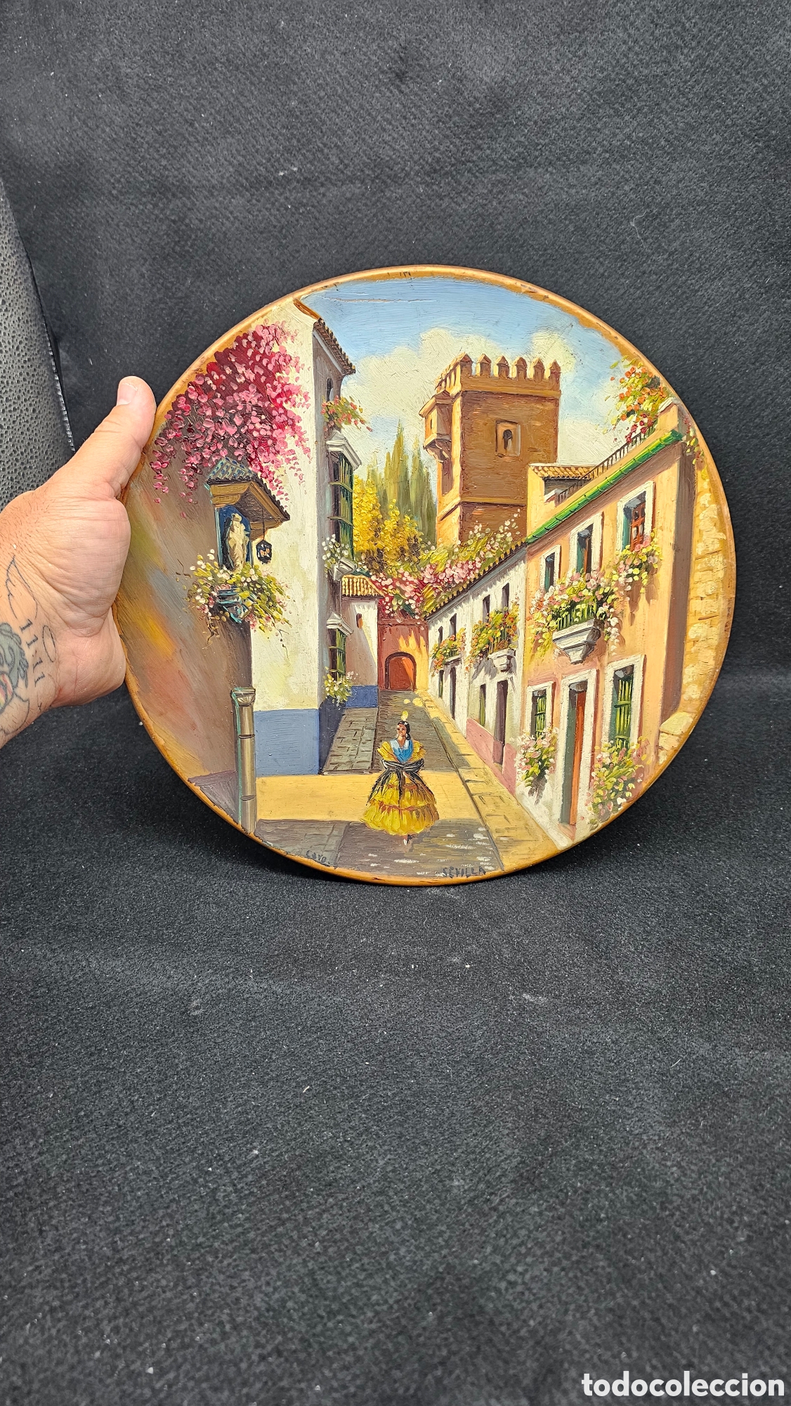 Arte: Precioso &oacute;leo sobre Plato paisaje de Sevilla