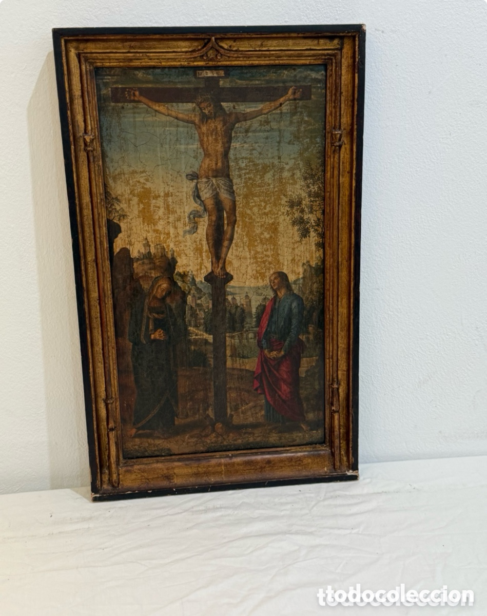 Arte: Crucifixi&oacute;n de Cristo antigua pintura sobre tabla siglo XVIII-XIX obra a estudiar