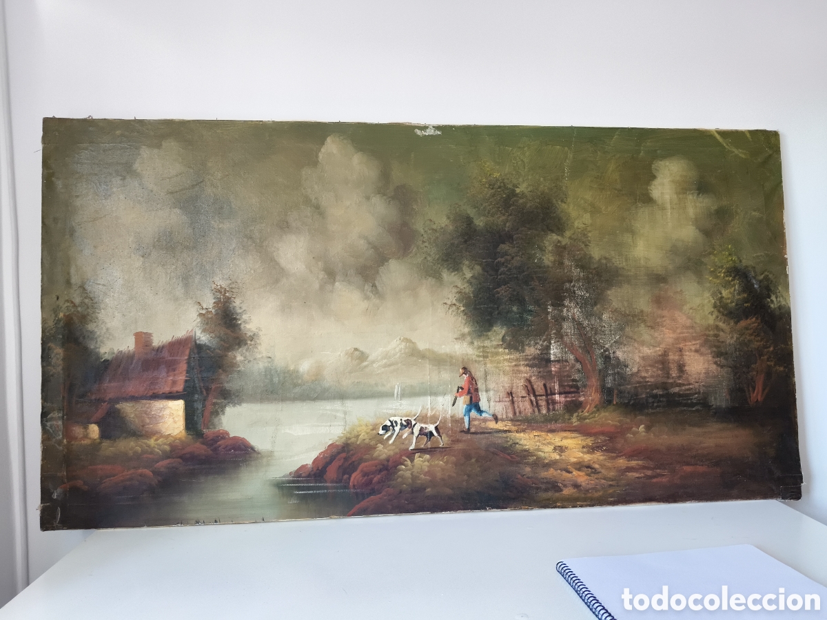 Art: Antiguo oleo sobre lienzo paisaje con cazador con perros