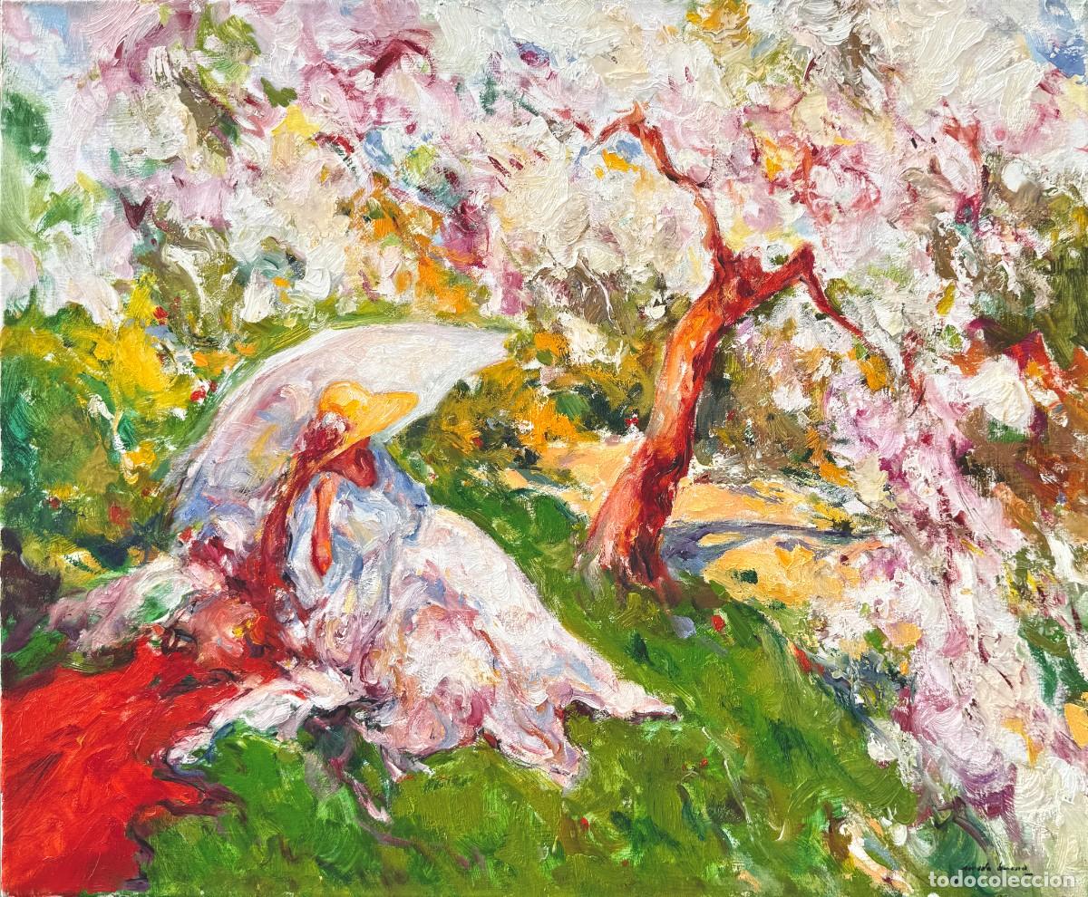 Arte: Jos&eacute; Antonio Pineda Bueno &ndash; Bajo el almendro &ndash; &Oacute;leo impresionista mediterr&aacute;neo con dama en jard&iacute;n