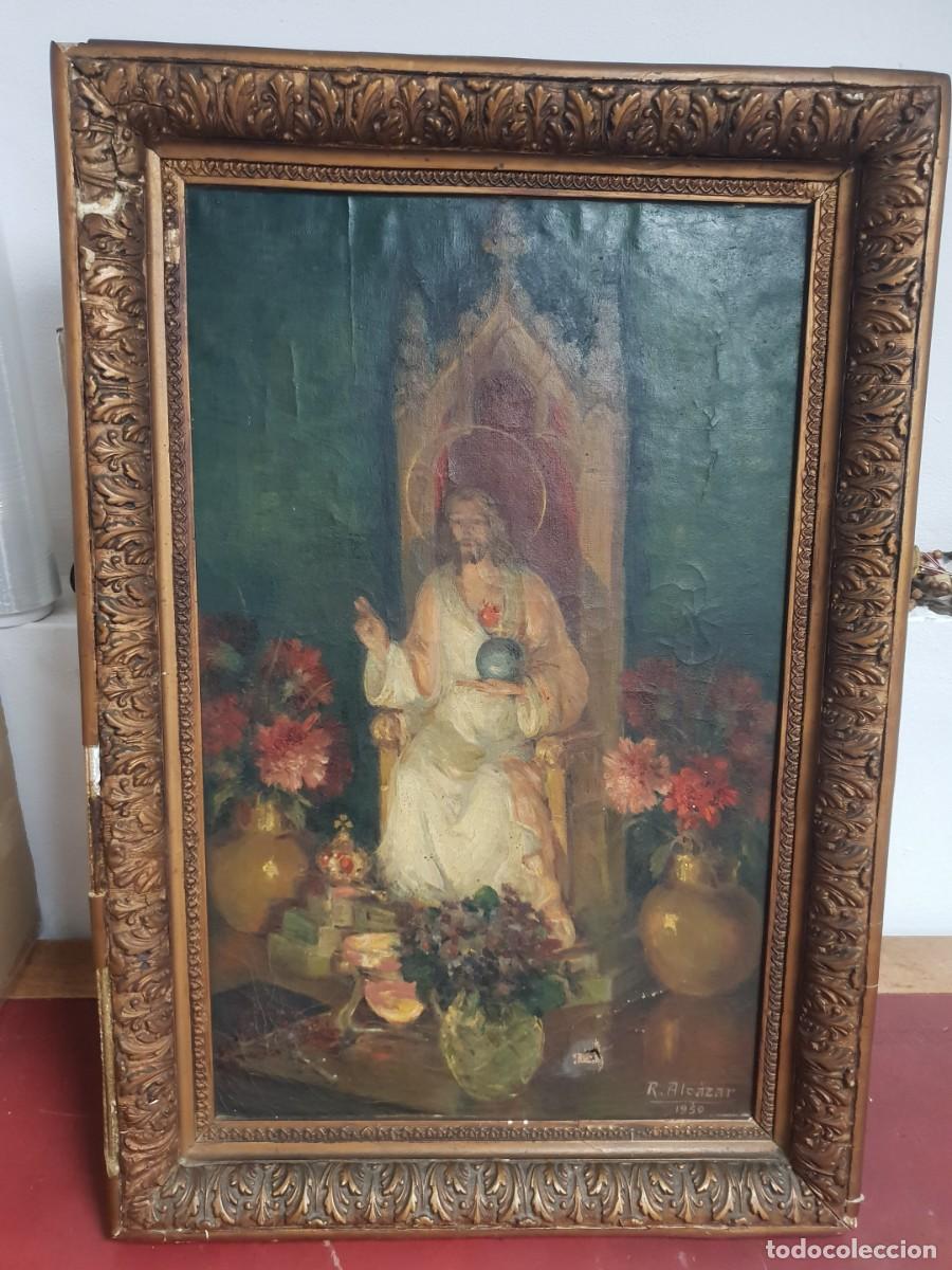 Arte: Sagrado corazon de jesus oleo sobre lienzo firmado R. ALCAZAR 1950