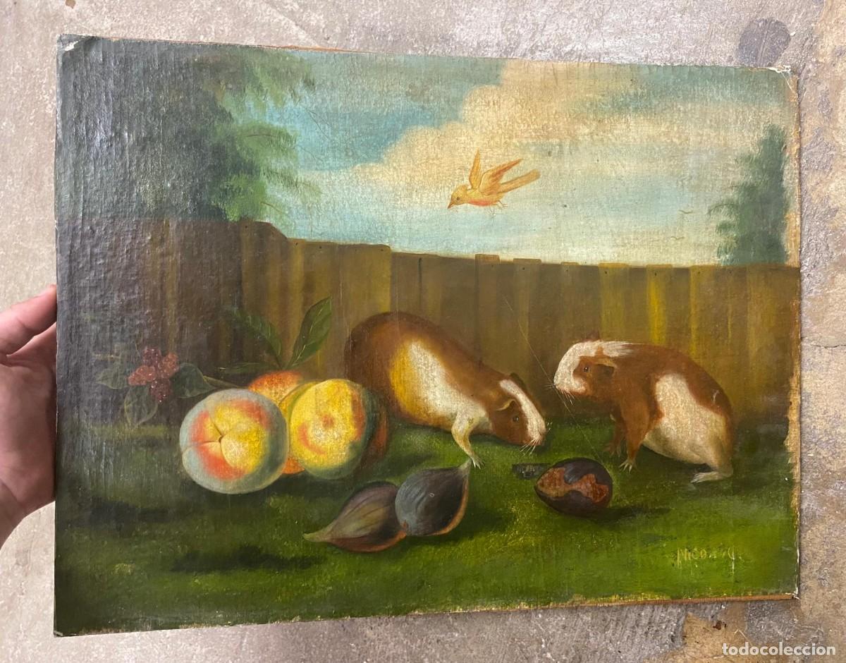 Arte: Escena campestre con animales y fruta, pintura al &oacute;leo sobre tela, siglo XIX, escuela europea.