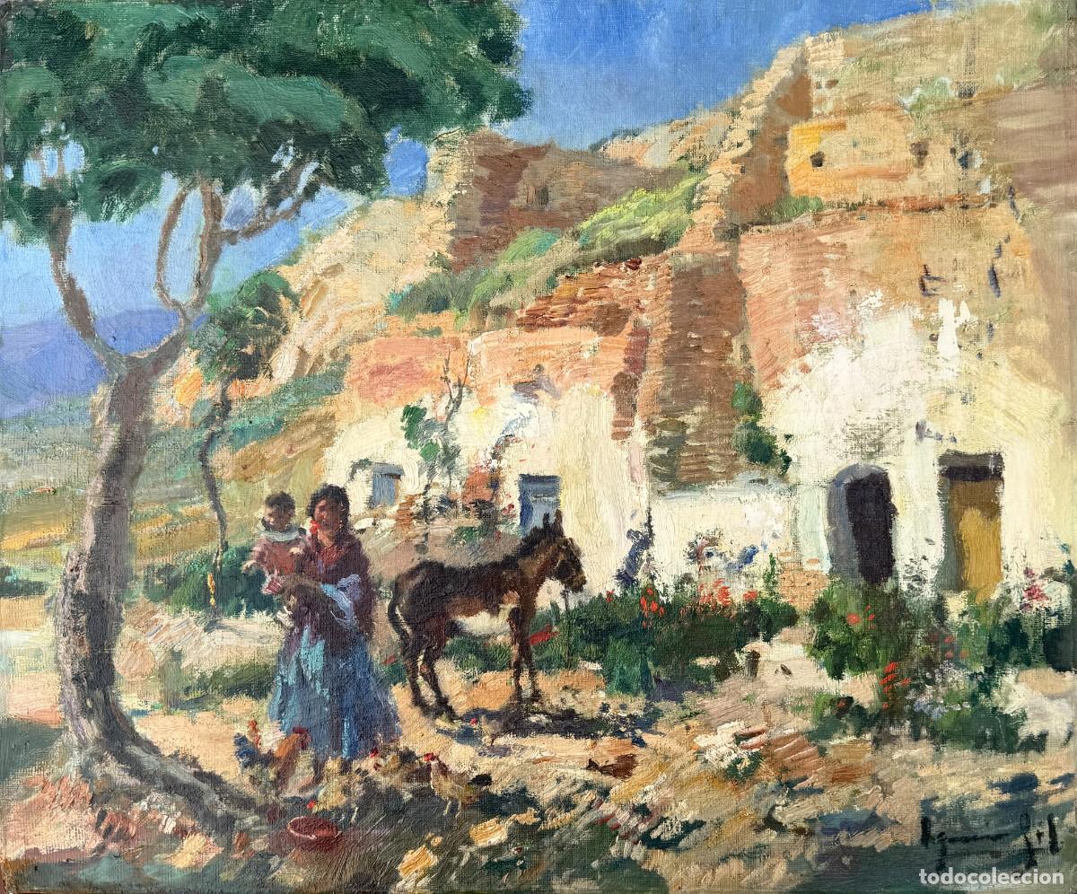 Arte: Ignacio Gil Sala Ibiza Escena mediterr&aacute;nea con madre, ni&ntilde;o, burro y casas blancas &Oacute;leo sobre lienzo