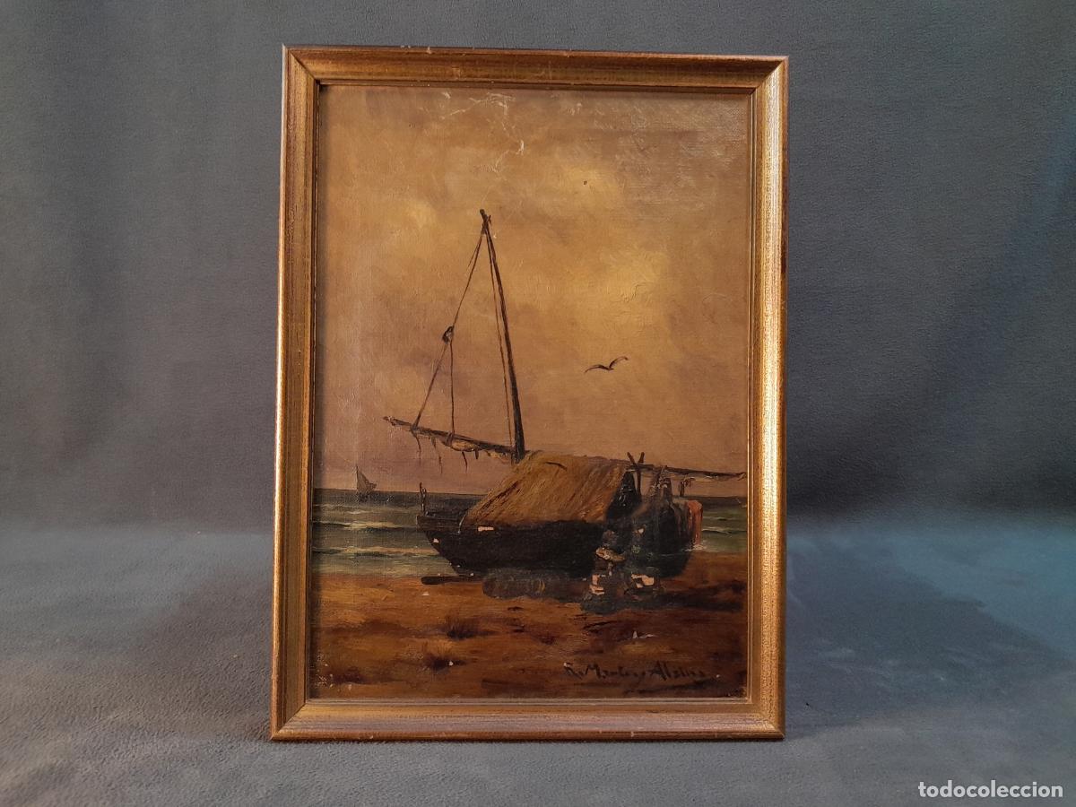 Arte: D-327.CUADRO DE PLAYA CON BARCA.&Oacute;LEO SOBRE TABLA.R.MART&Iacute; ALSINA. ENMARCADO. SIGLO XX