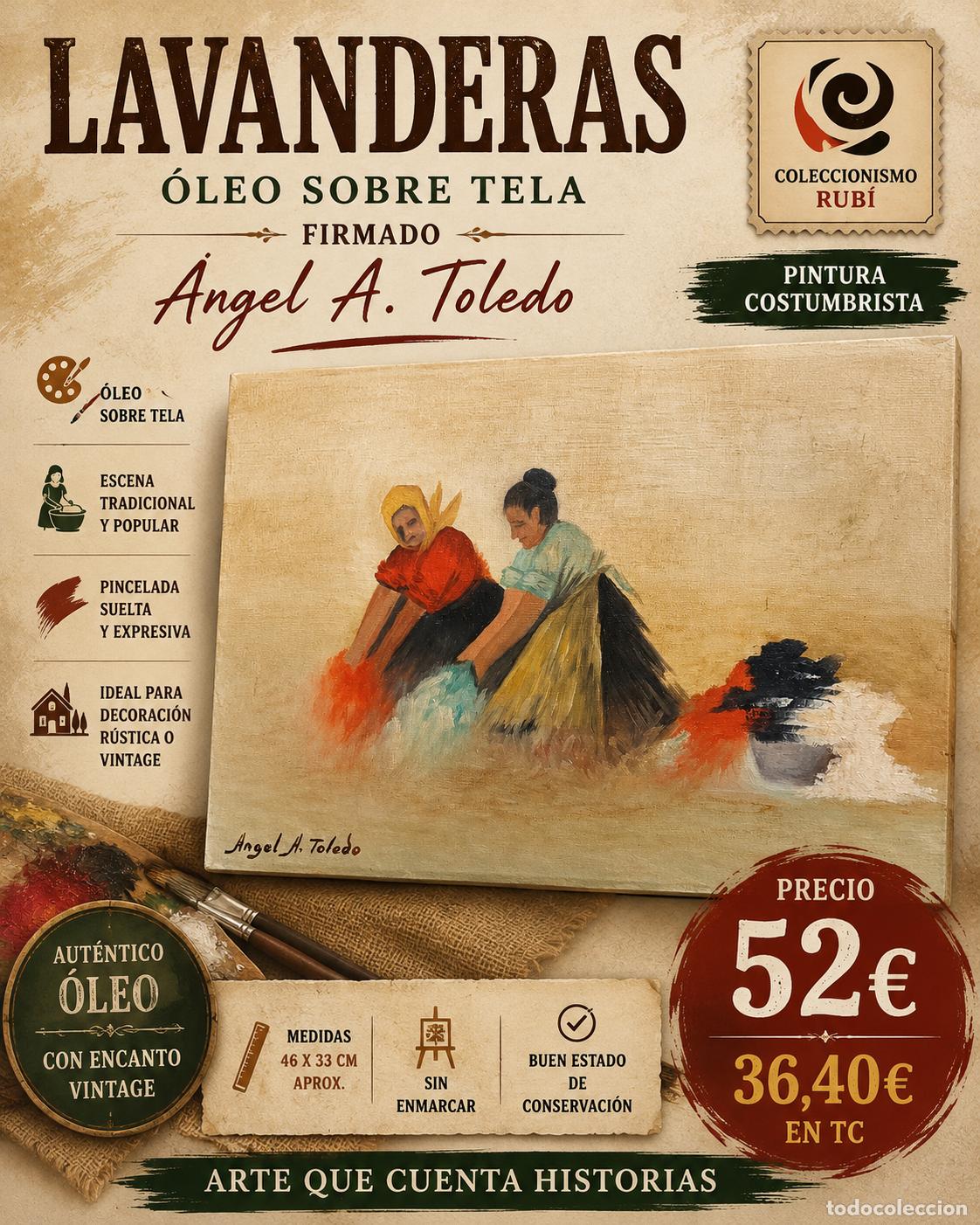 Arte: &Oacute;LEO SOBRE TELA | LAVANDERAS | FIRMADO &Aacute;NGEL A. TOLEDO | PINTURA COSTUMBRISTA | 46X33 CM