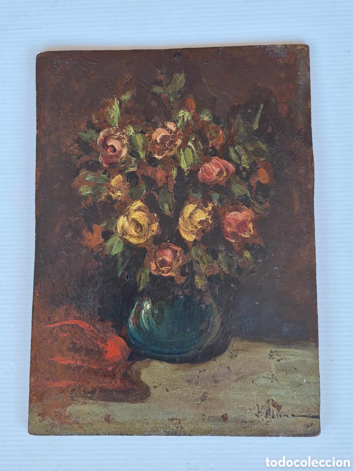Arte: Oleo/tablex. Firmado , j Alsina. Jarron con flores.