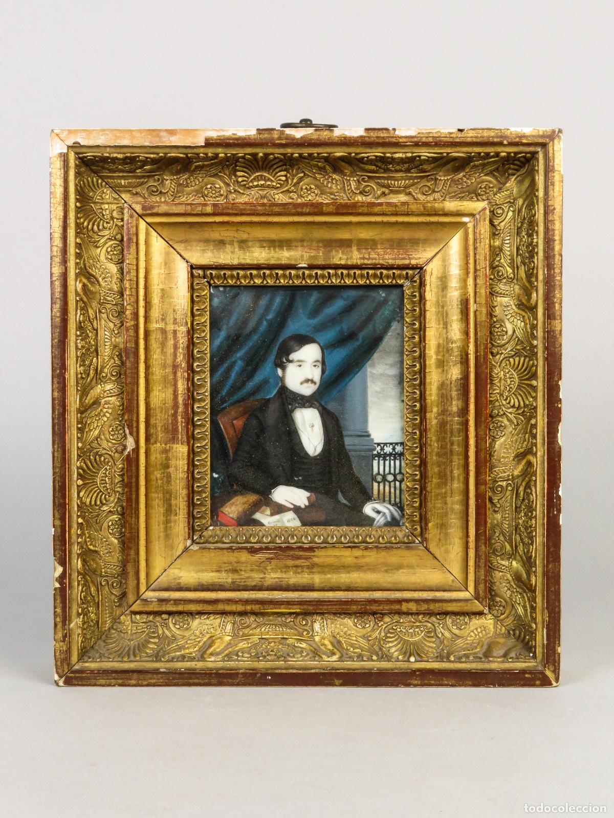 Arte: Retrato miniatura isabelina pintada al &oacute;leo firmada Crivell y fechada en 1842 con marco de la &eacute;poca