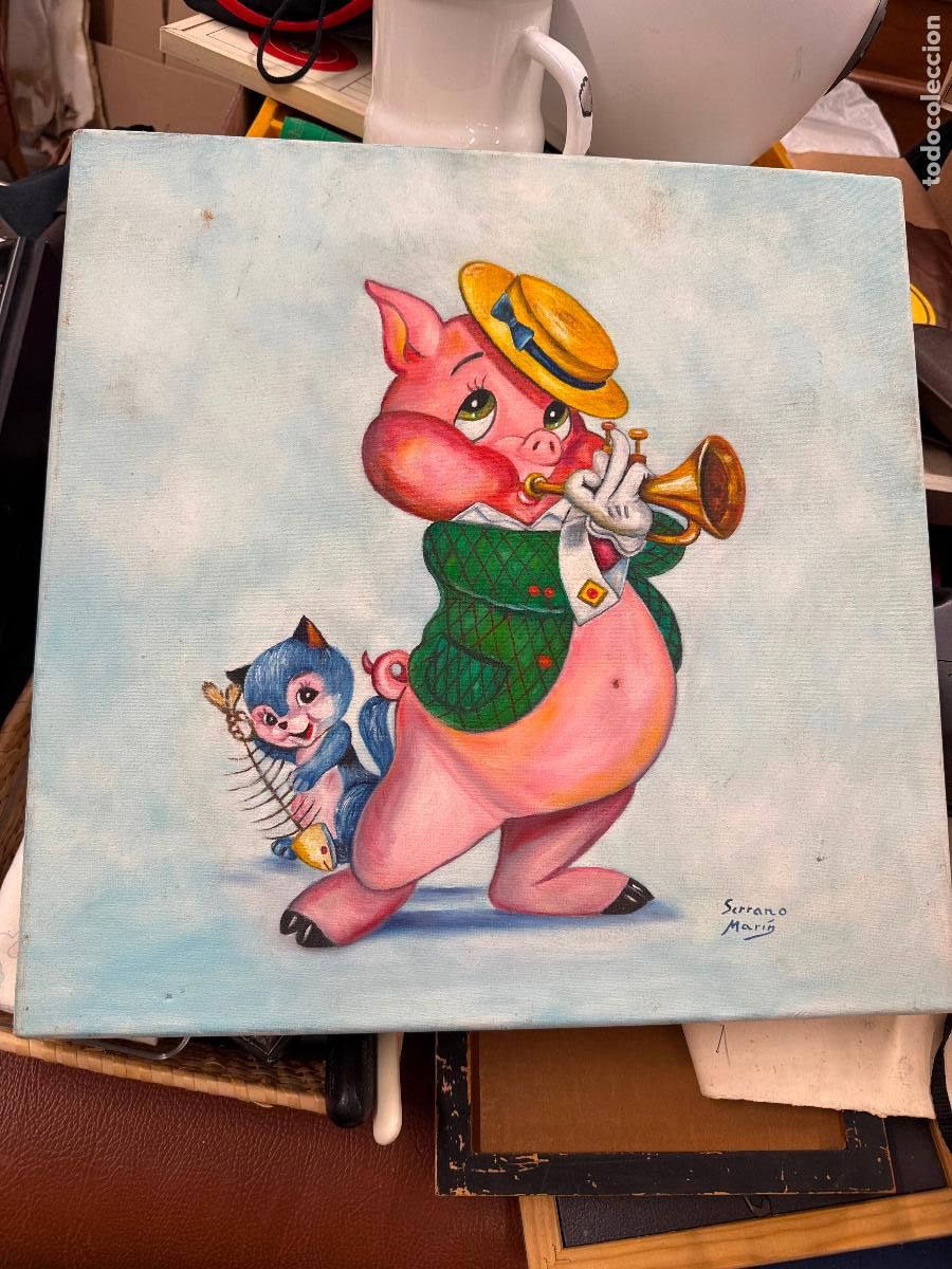 Arte: Encantador cuadro al oleo. Firmado. con cerdo, cerdito con trompeta y gato. 40x40cms