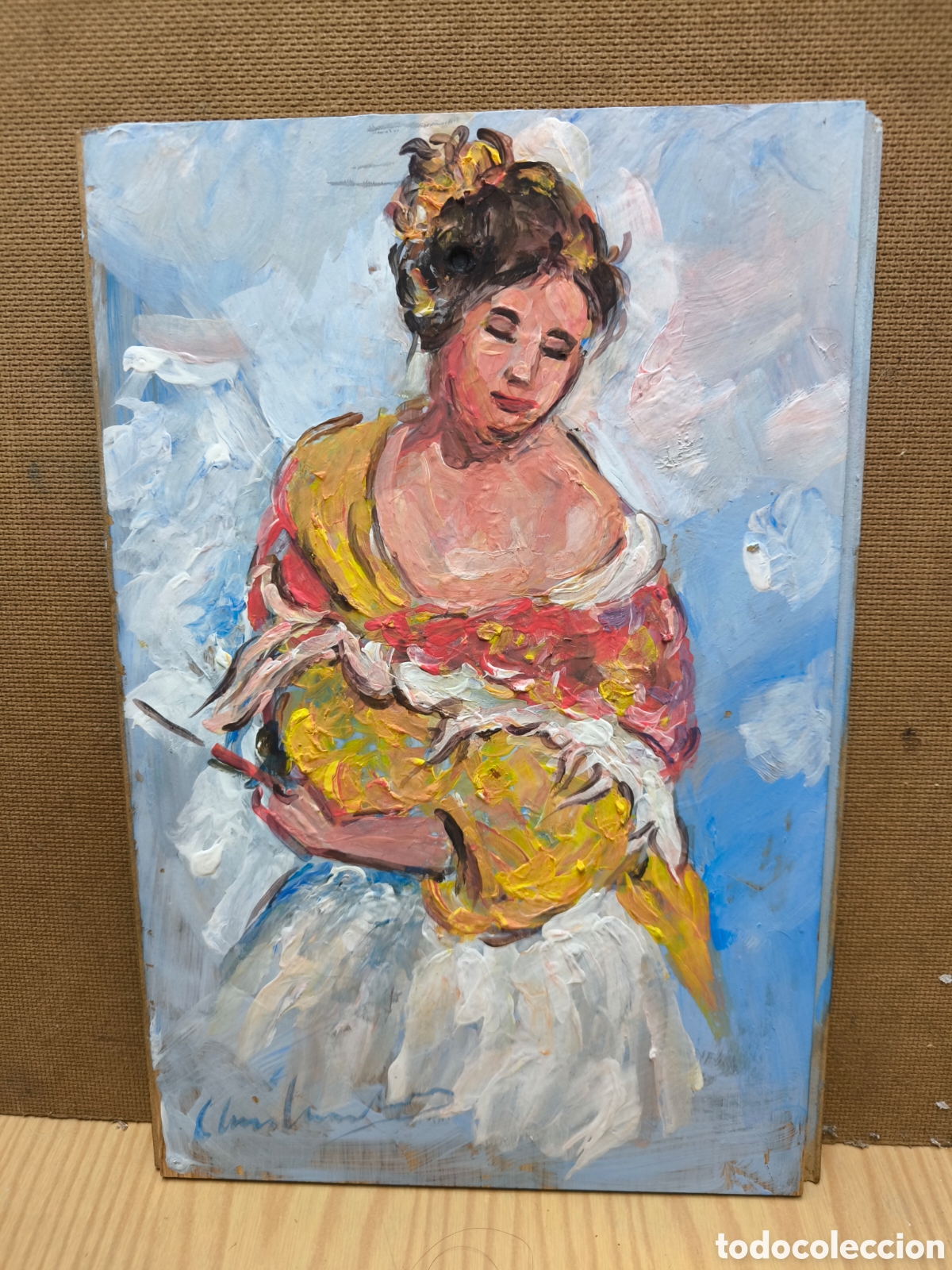 Arte: Pintura mujer con rebeca hecha a mano